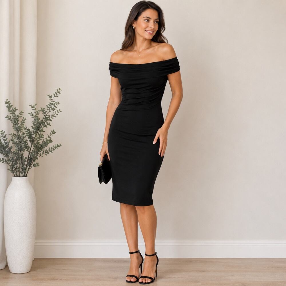 Lauren Ralph Lauren Black Off Shoulder Ruched Midi Dress Sz 8